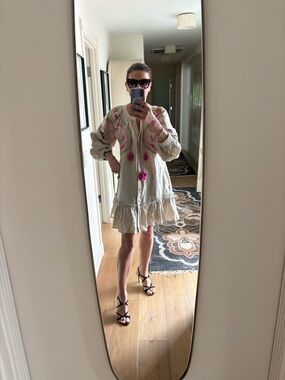 MARCH 11 Ukraine Embroidered 100% Linen Tunic Dress Pink Paisley Tassels Size L